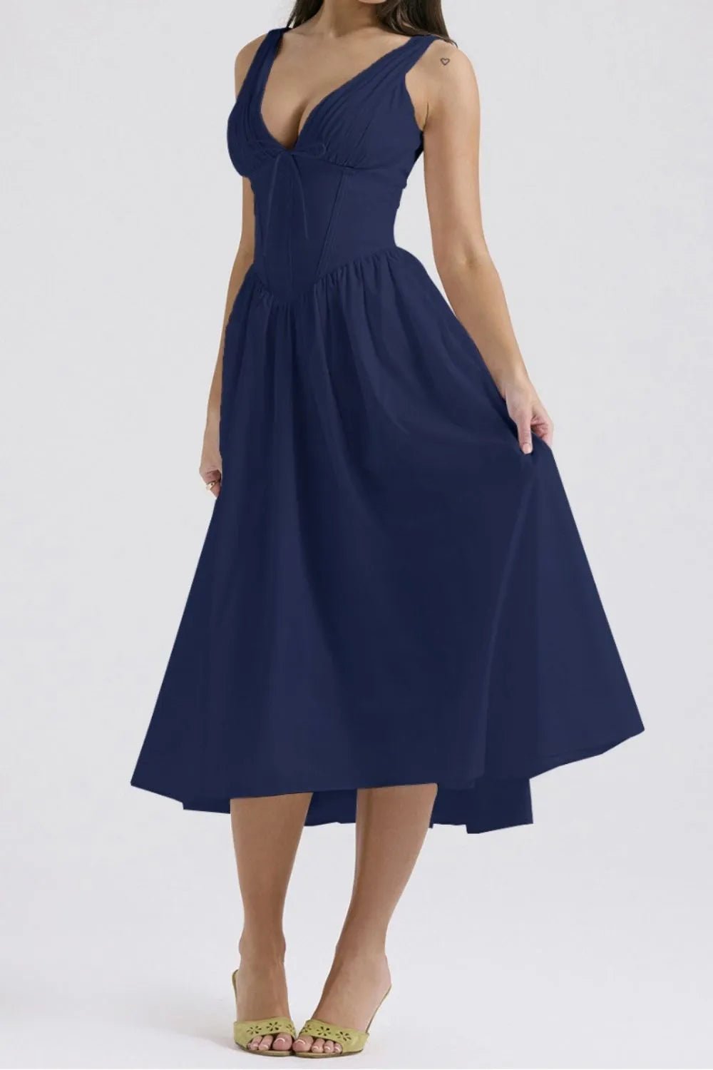 Ruched V - Neck Sleeveless Dress with Pockets