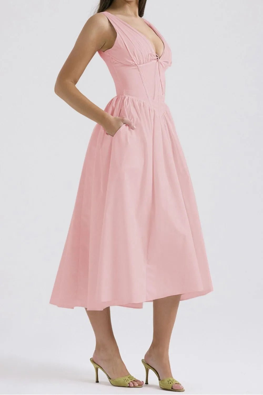 Ruched V - Neck Sleeveless Dress with Pockets
