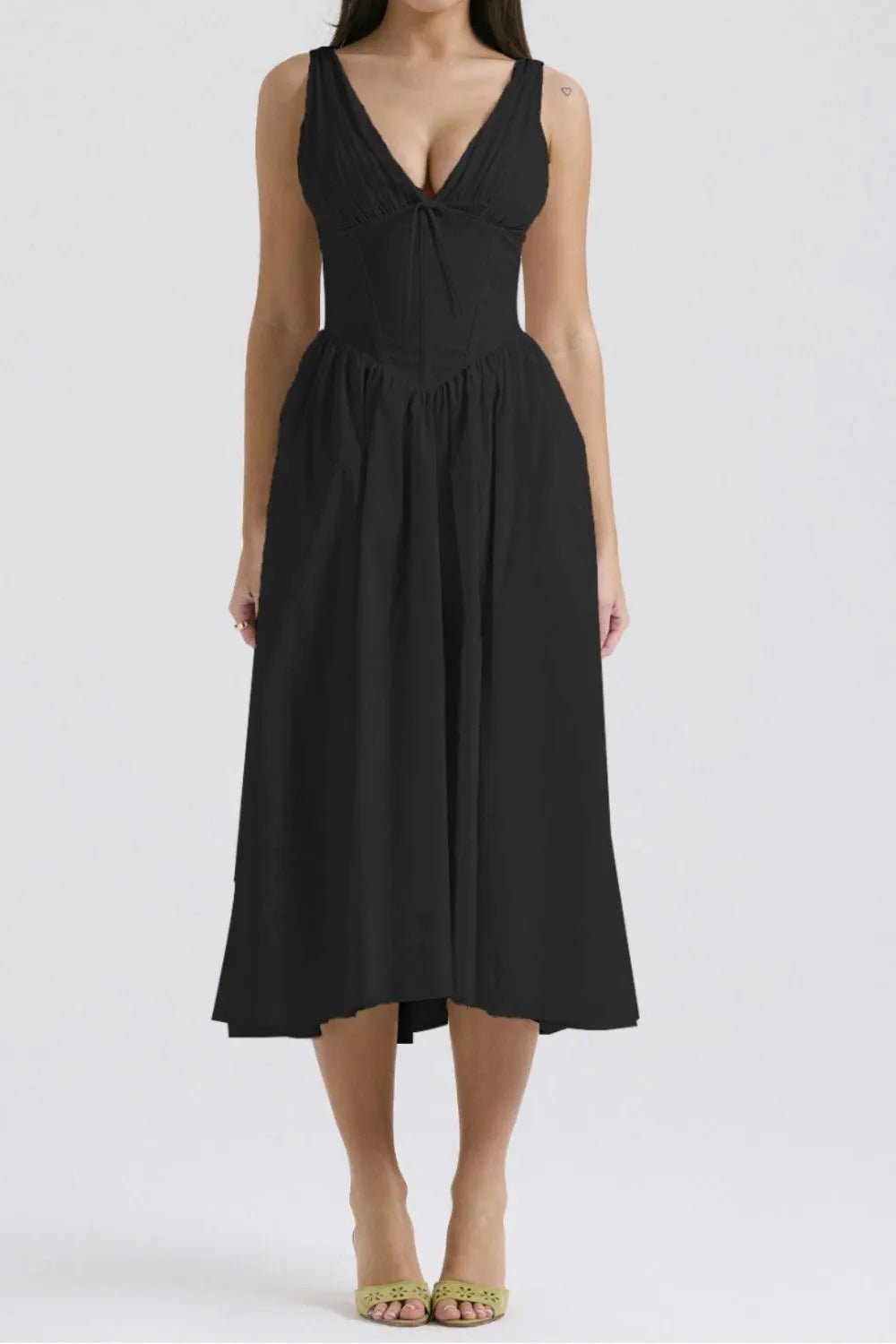 Ruched V - Neck Sleeveless Dress with Pockets