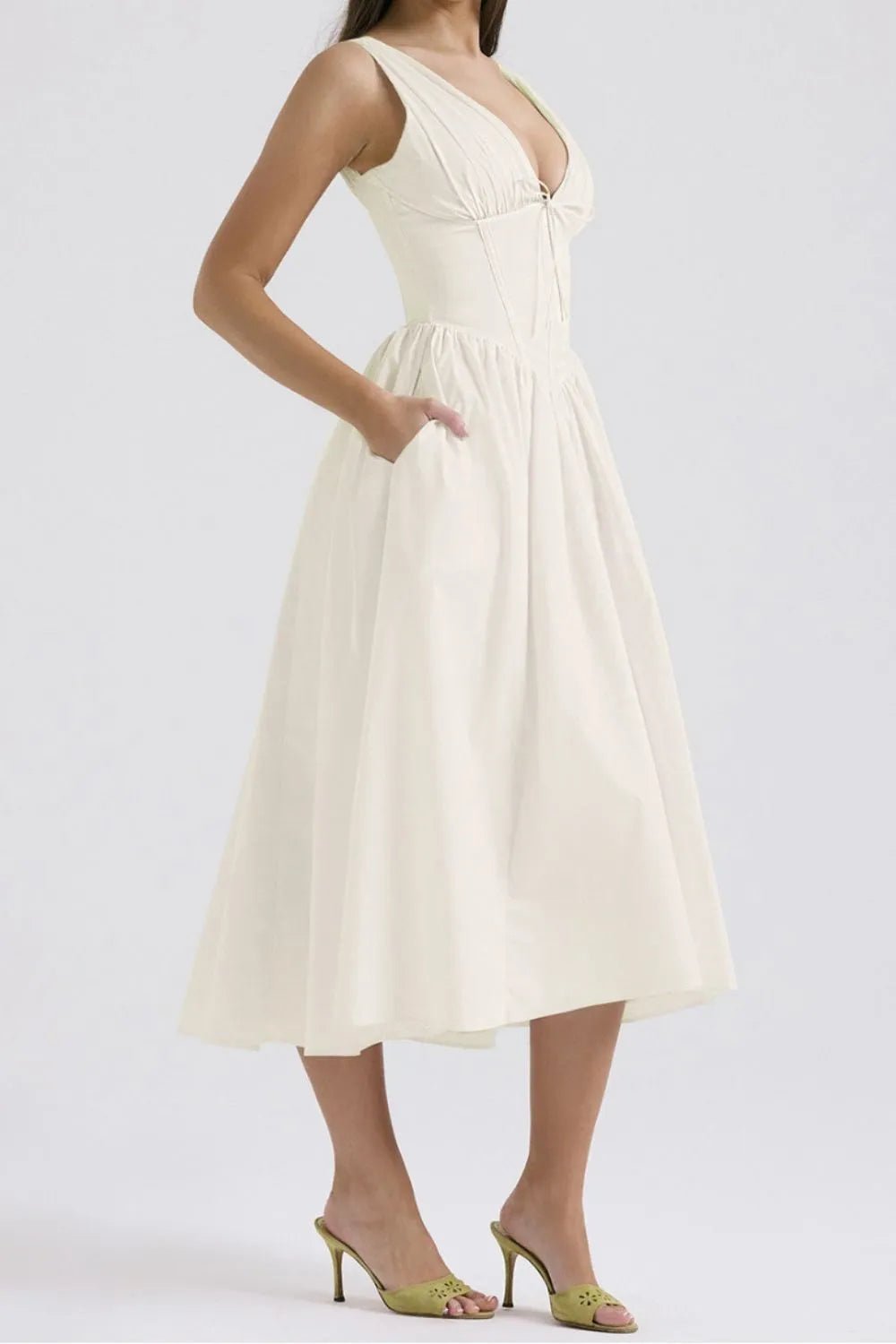 Ruched V - Neck Sleeveless Dress with Pockets