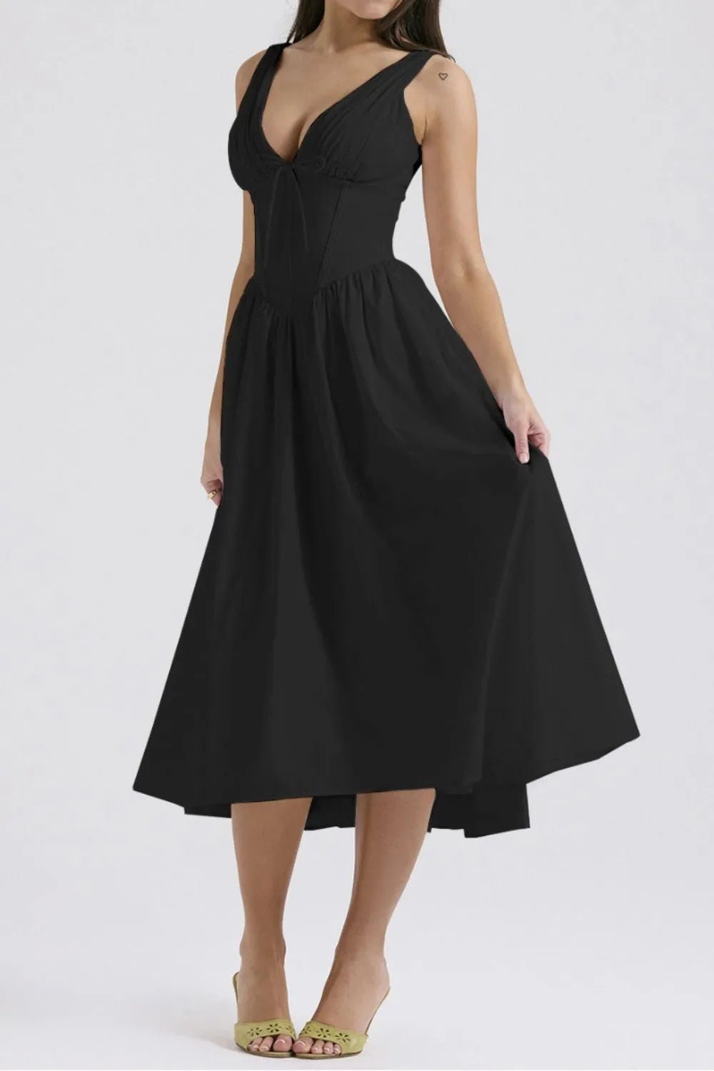 Ruched V - Neck Sleeveless Dress with Pockets