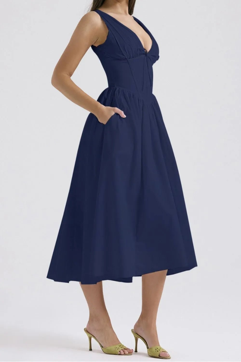 Ruched V - Neck Sleeveless Dress with Pockets