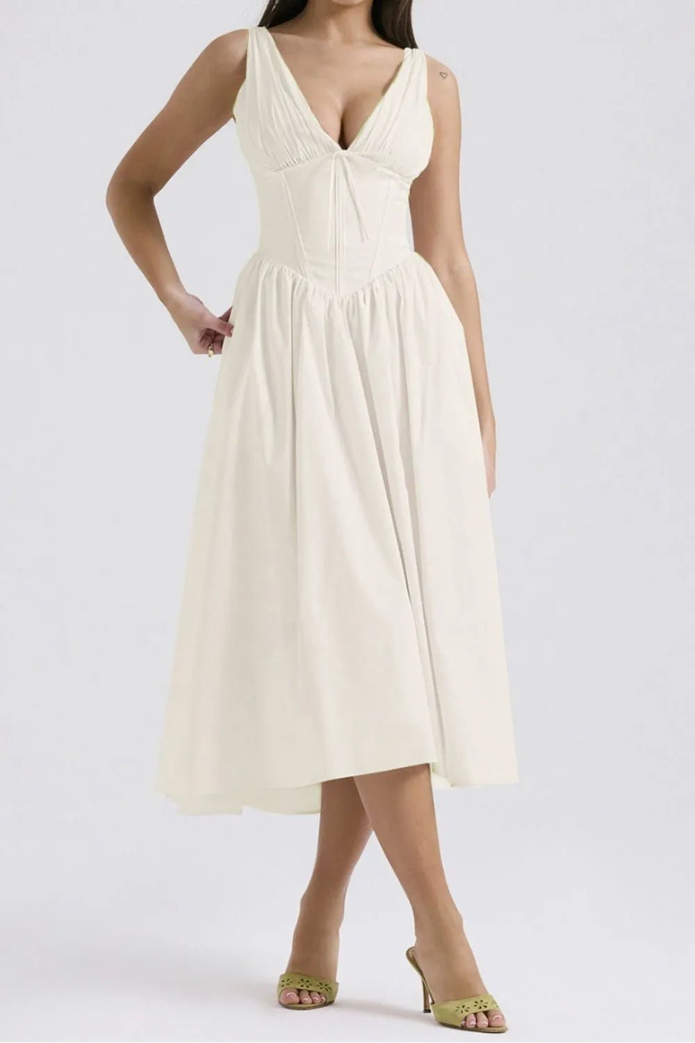 Ruched V - Neck Sleeveless Dress with Pockets