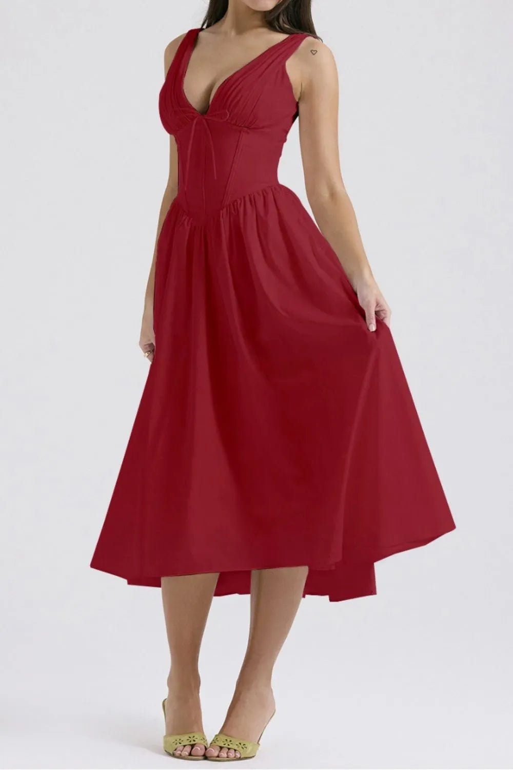 Ruched V - Neck Sleeveless Dress with Pockets