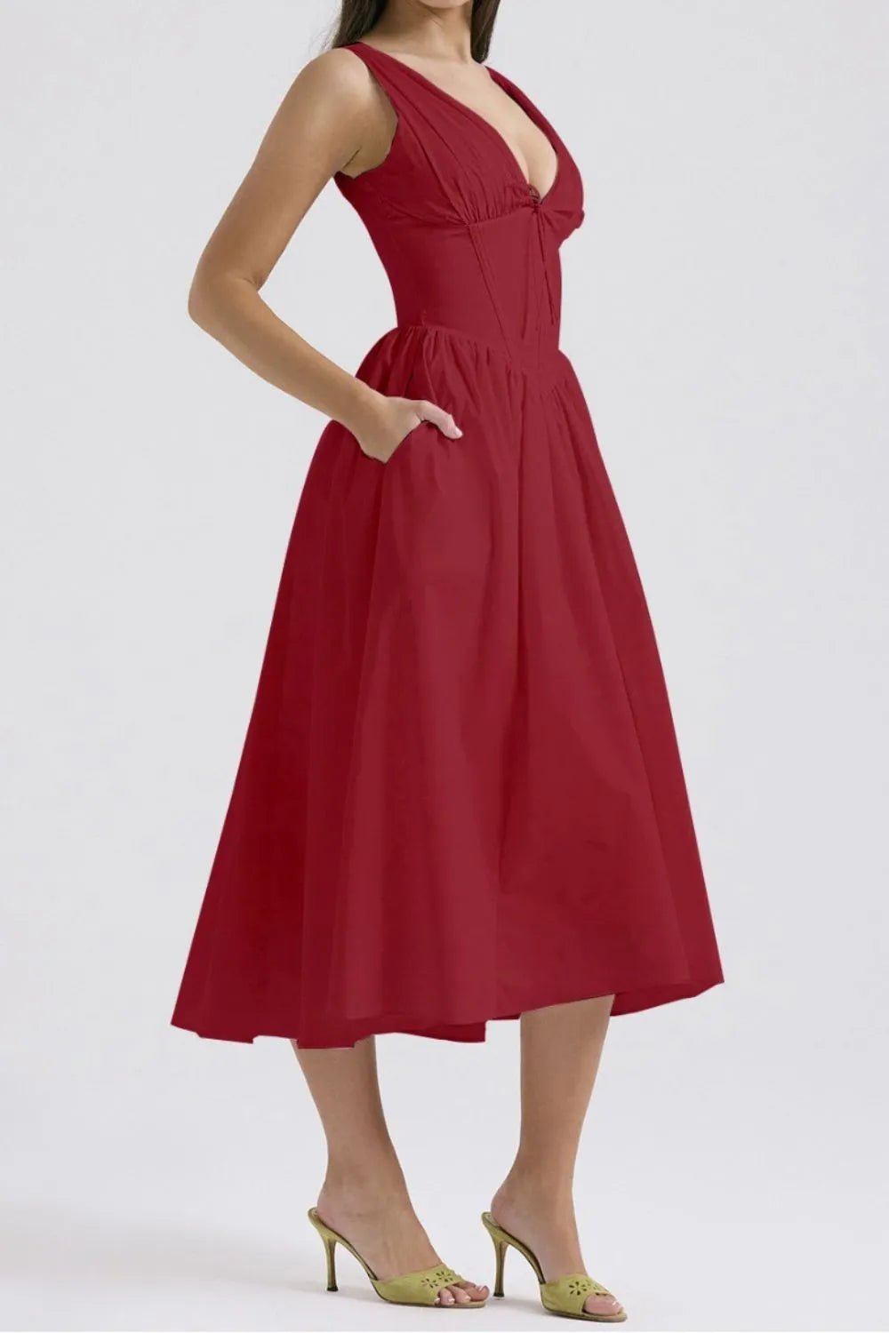 Ruched V - Neck Sleeveless Dress with Pockets