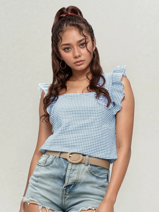 Ruffle Sleeve Gingham Square Neck Top