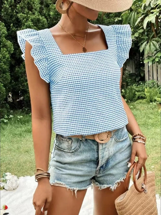 Ruffle Sleeve Gingham Square Neck Top