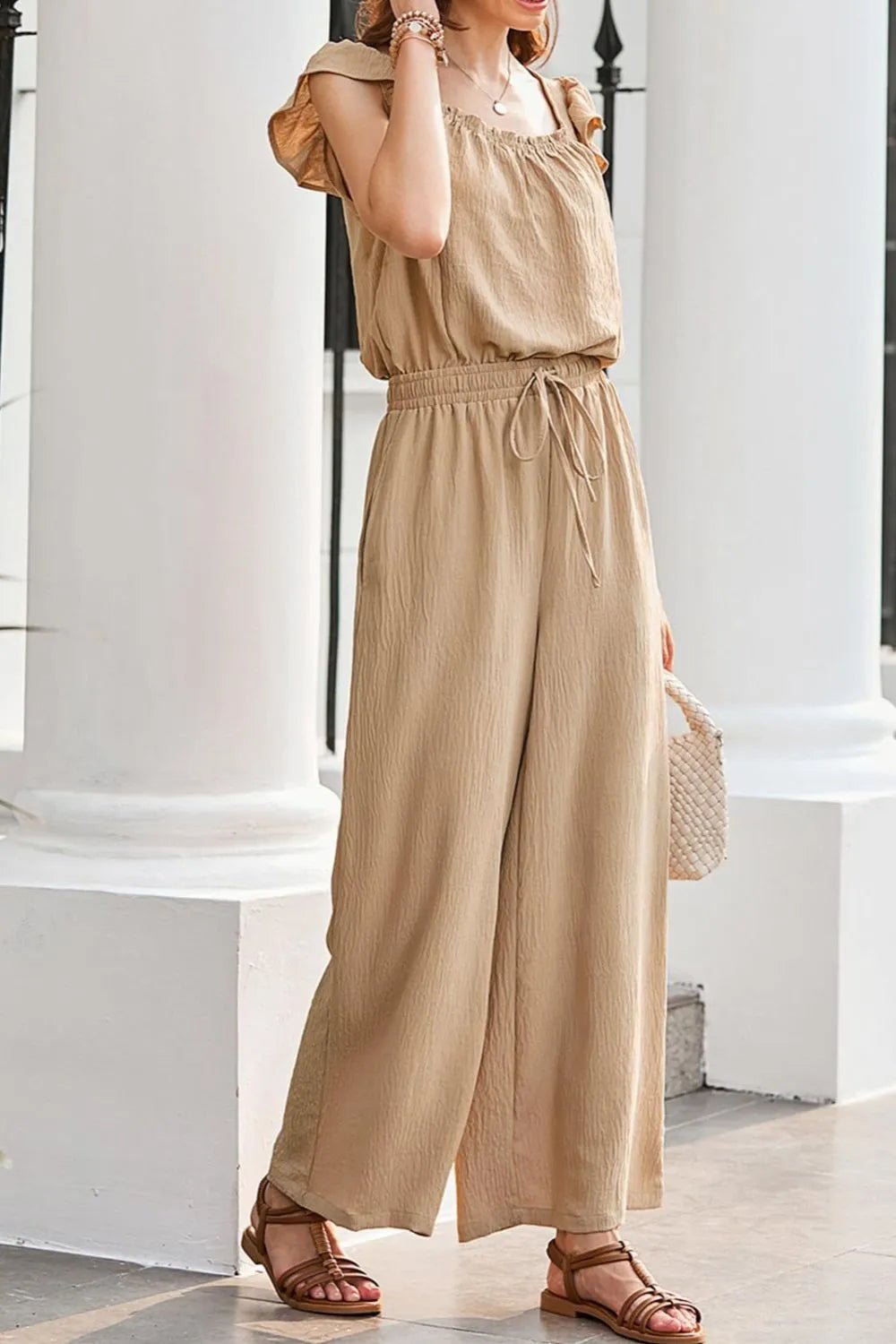 Ruffled Cap Sleeve Wide Leg Jumpsuit