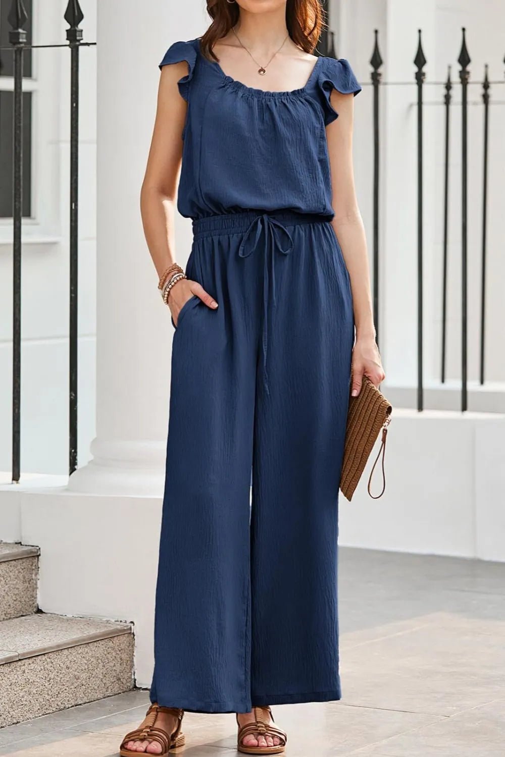 Ruffled Cap Sleeve Wide Leg Jumpsuit