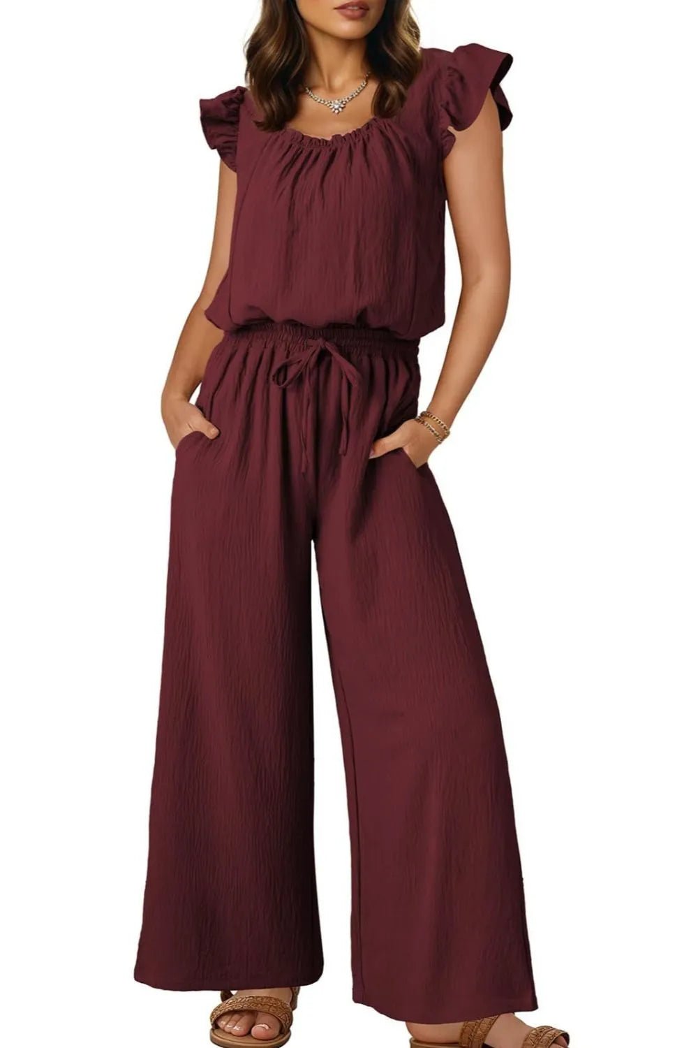 Ruffled Cap Sleeve Wide Leg Jumpsuit