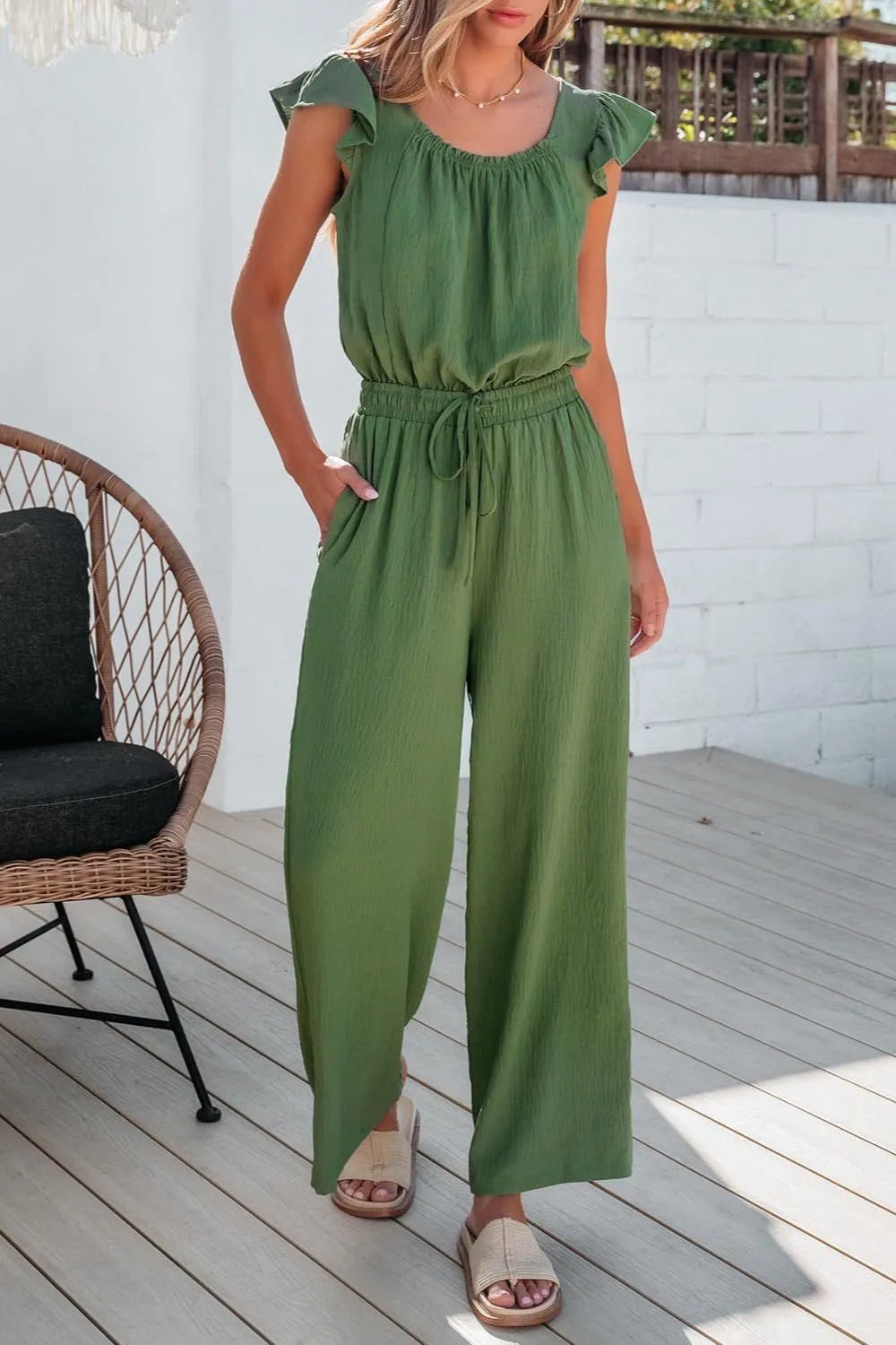 Ruffled Cap Sleeve Wide Leg Jumpsuit