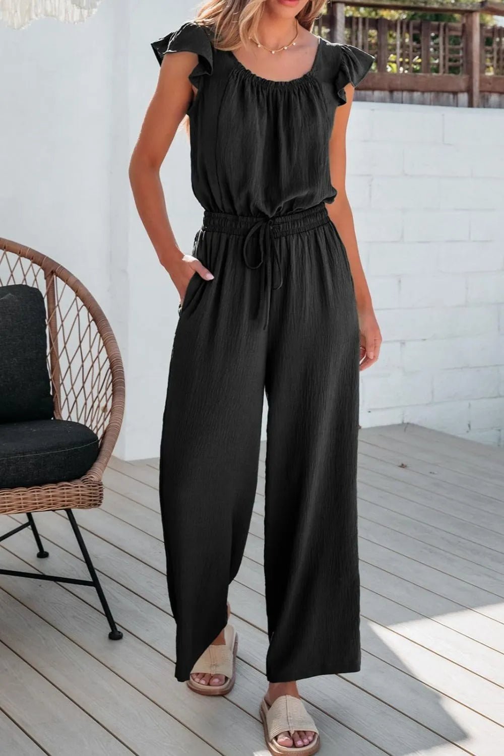 Ruffled Cap Sleeve Wide Leg Jumpsuit