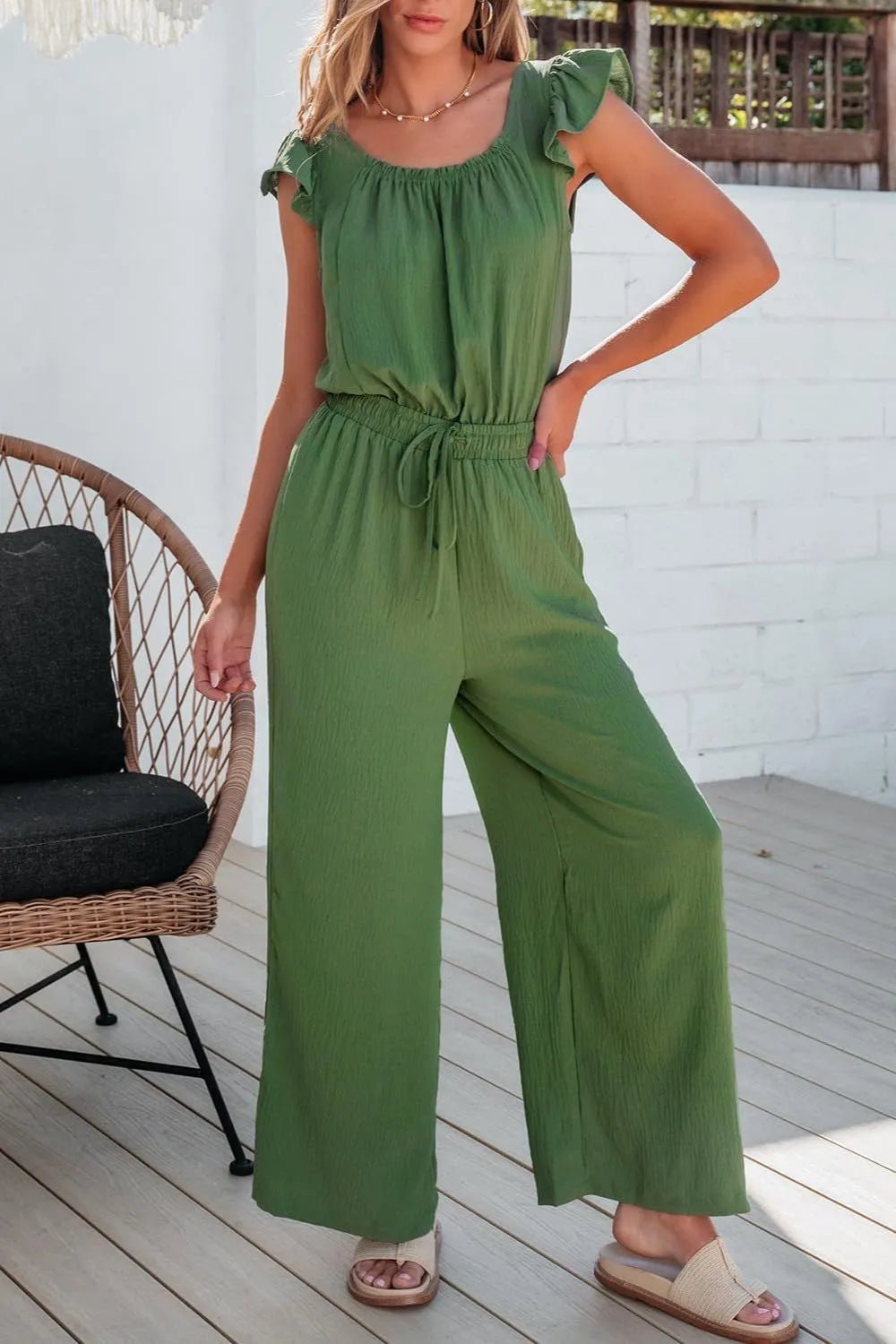 Ruffled Cap Sleeve Wide Leg Jumpsuit
