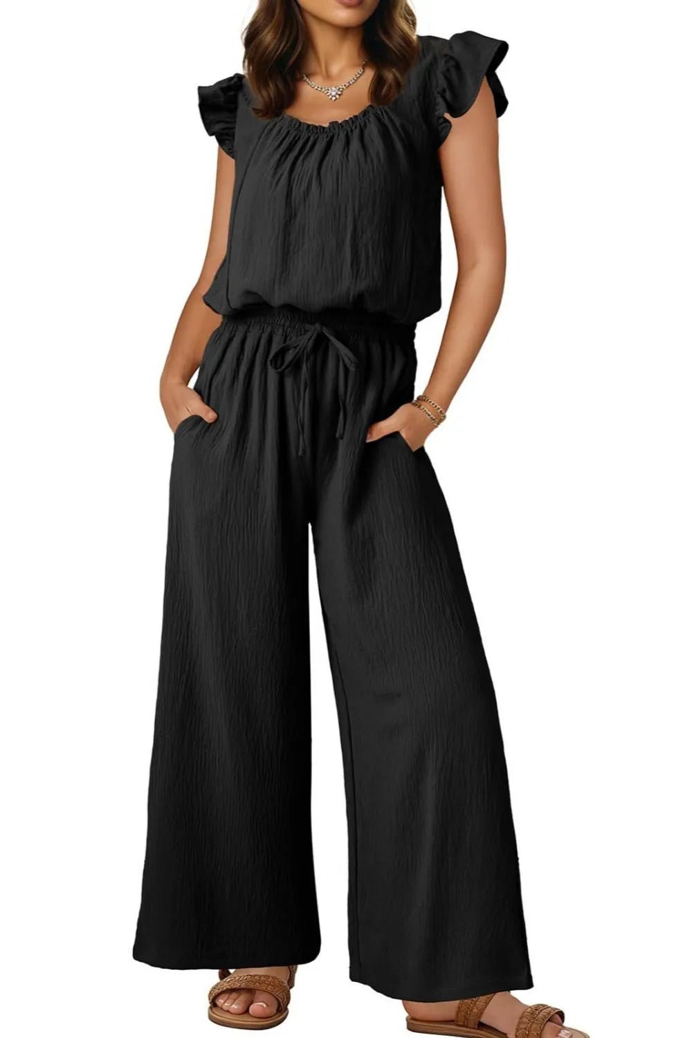Ruffled Cap Sleeve Wide Leg Jumpsuit