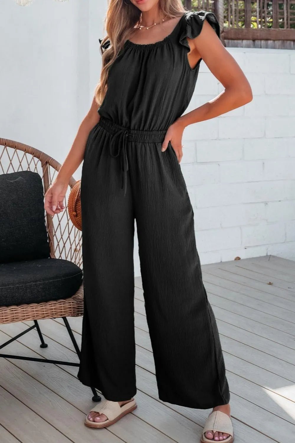 Ruffled Cap Sleeve Wide Leg Jumpsuit