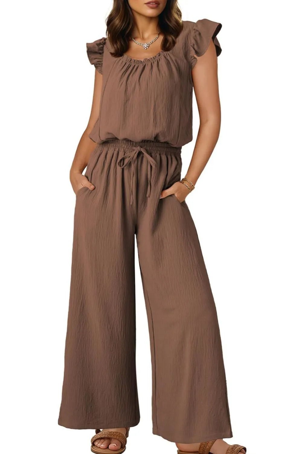 Ruffled Cap Sleeve Wide Leg Jumpsuit