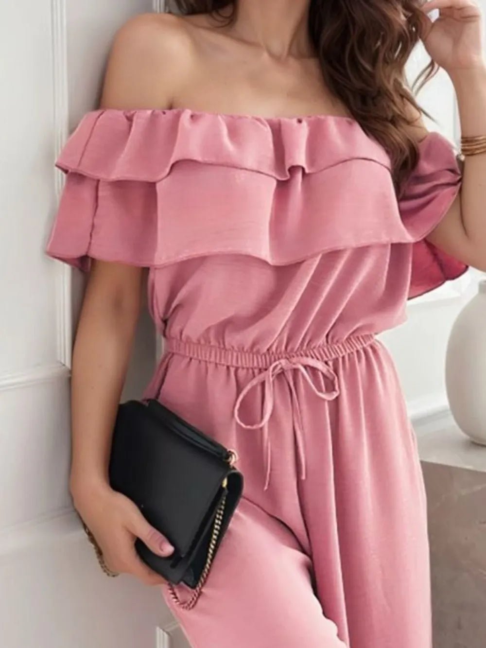 Ruffled Off Shoulder Wide Leg Jumpsuit
