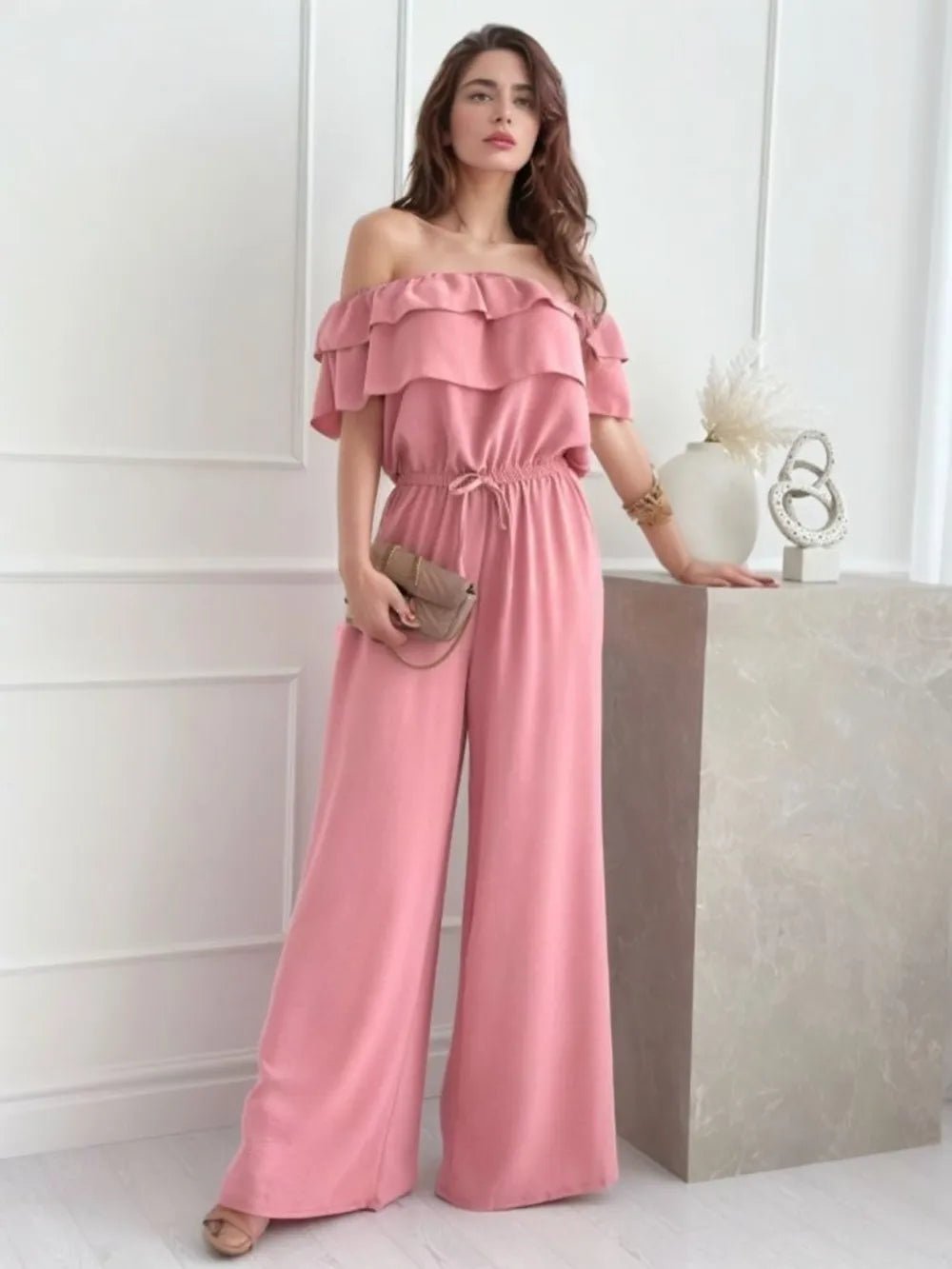 Ruffled Off Shoulder Wide Leg Jumpsuit