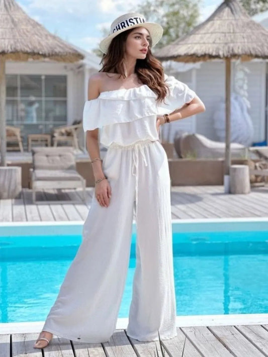 Ruffled Off Shoulder Wide Leg Jumpsuit