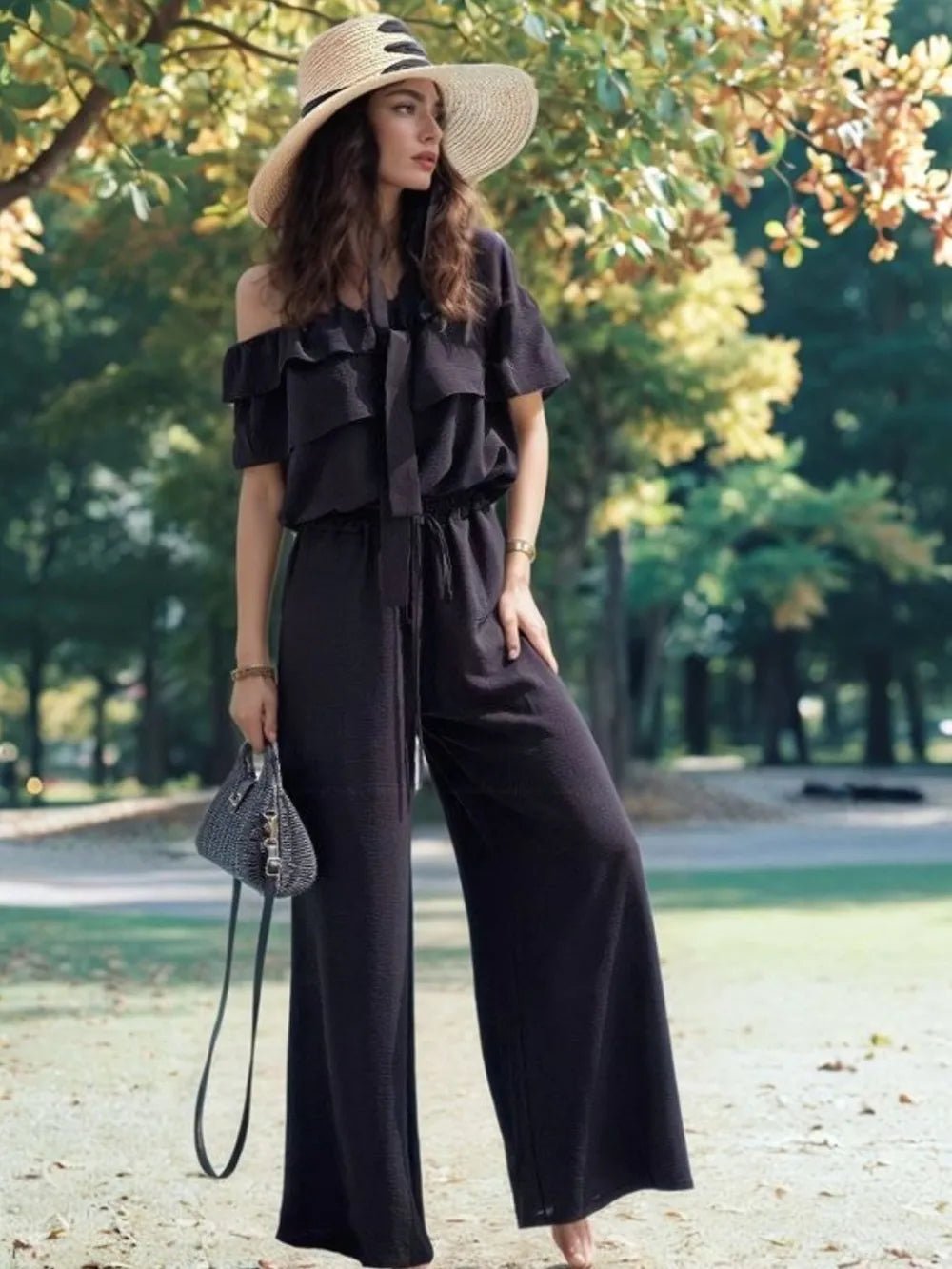 Ruffled Off Shoulder Wide Leg Jumpsuit