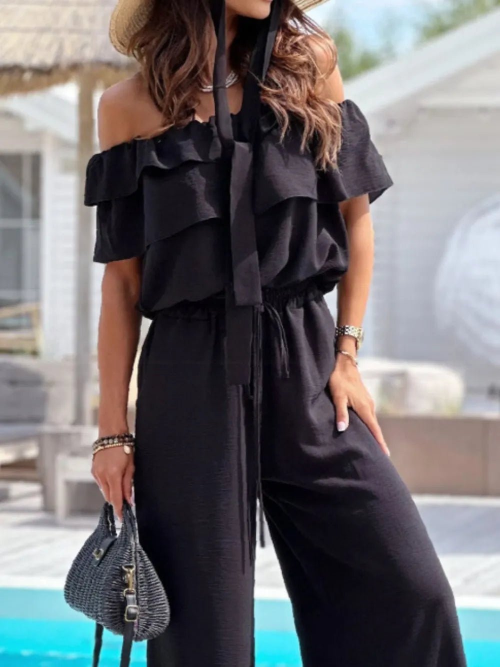 Ruffled Off Shoulder Wide Leg Jumpsuit