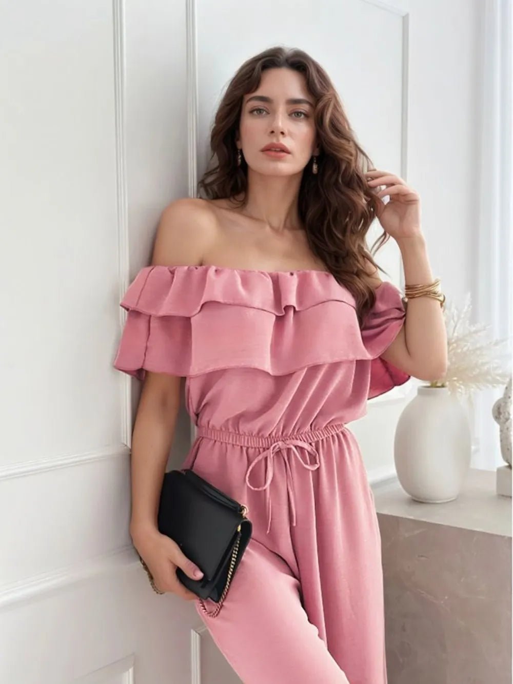 Ruffled Off Shoulder Wide Leg Jumpsuit