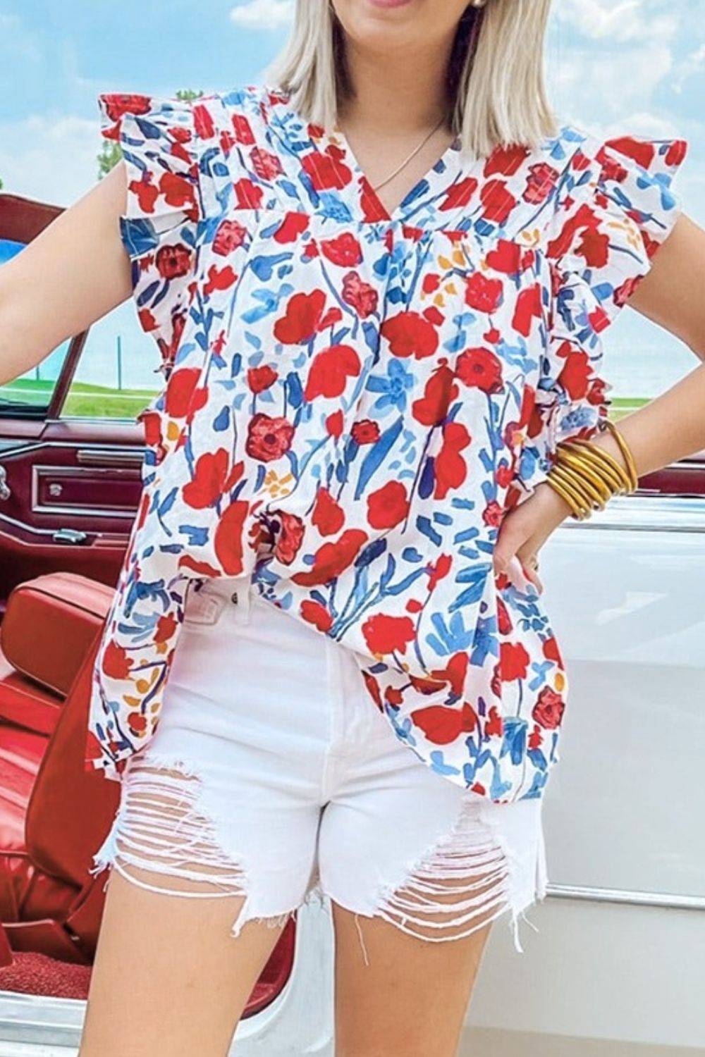 Ruffled Printed V - Neck Cap Sleeve BlouseBlouse