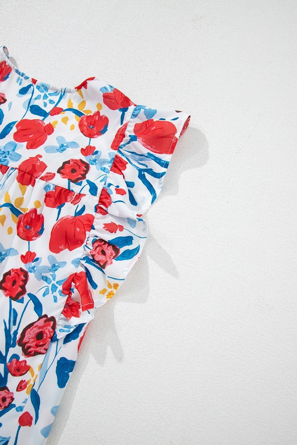 Ruffled Printed V - Neck Cap Sleeve BlouseBlouse