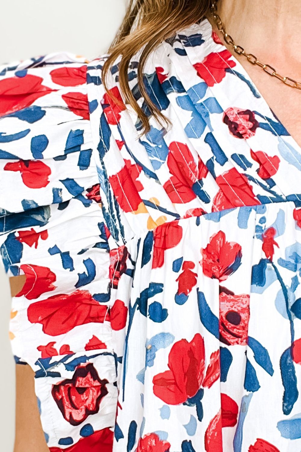 Ruffled Printed V - Neck Cap Sleeve BlouseBlouse