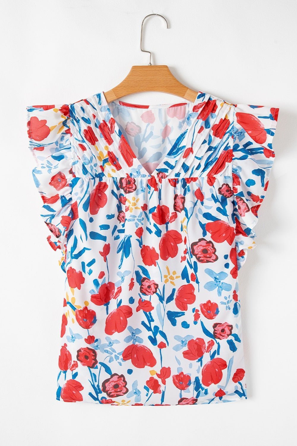Ruffled Printed V - Neck Cap Sleeve BlouseBlouse