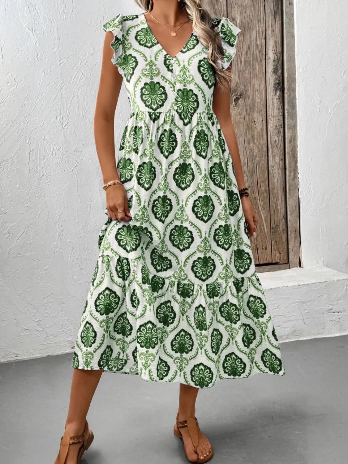 Ruffled Printed V - Neck Cap Sleeve Dress