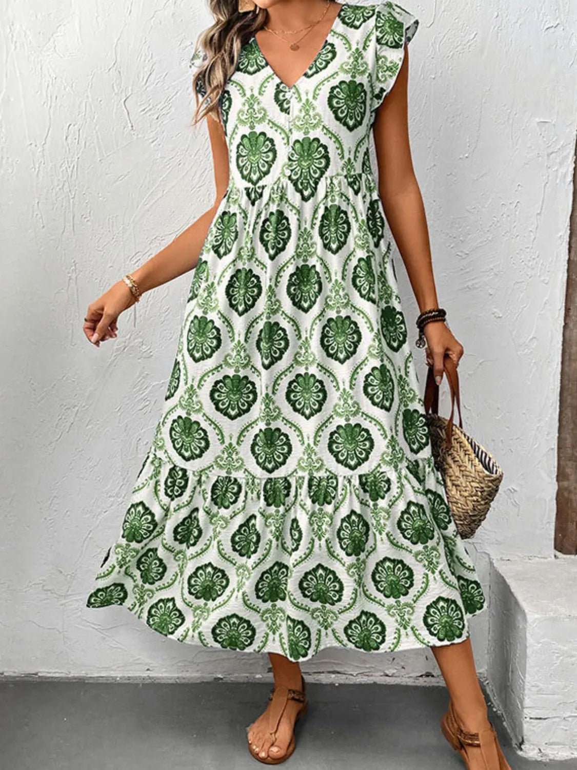 Ruffled Printed V - Neck Cap Sleeve Dress