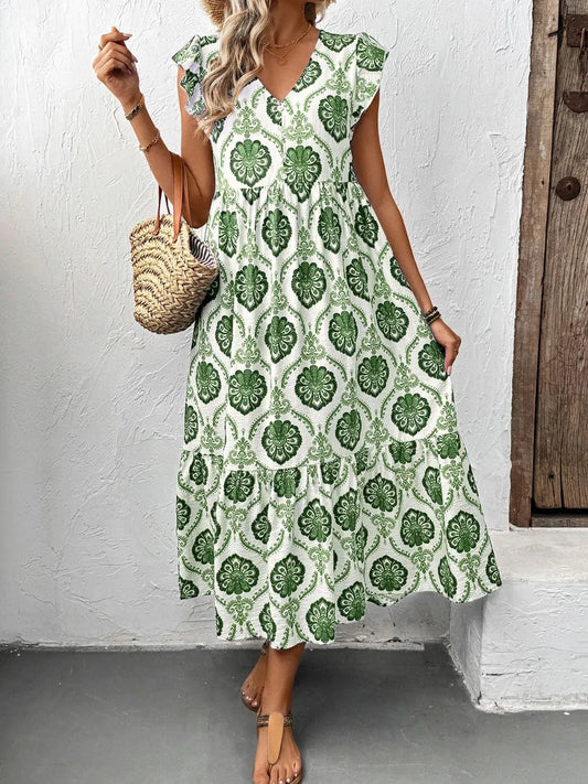 Ruffled Printed V - Neck Cap Sleeve Dress