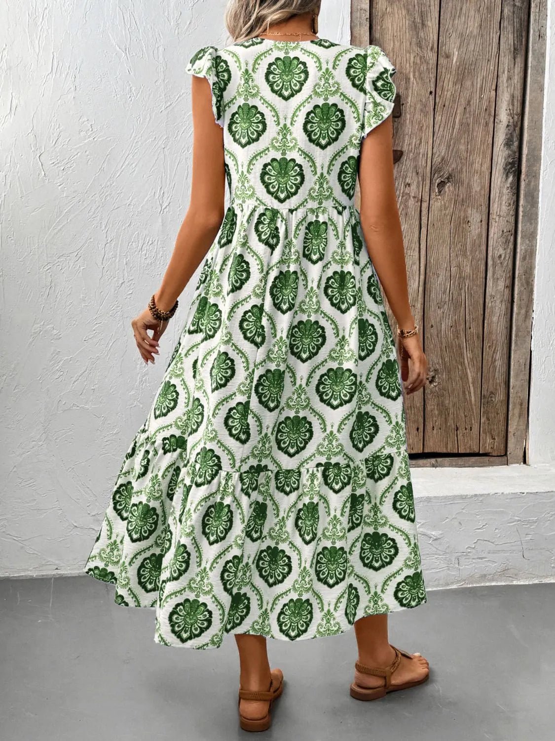Ruffled Printed V - Neck Cap Sleeve Dress
