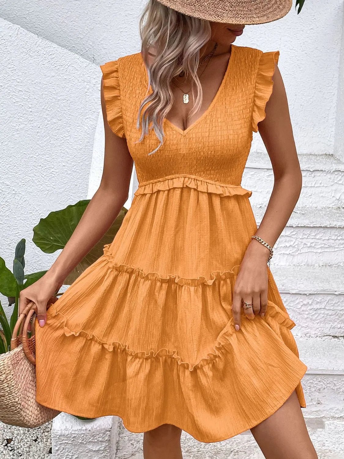 Ruffled V - Neck Cap Sleeve Dress