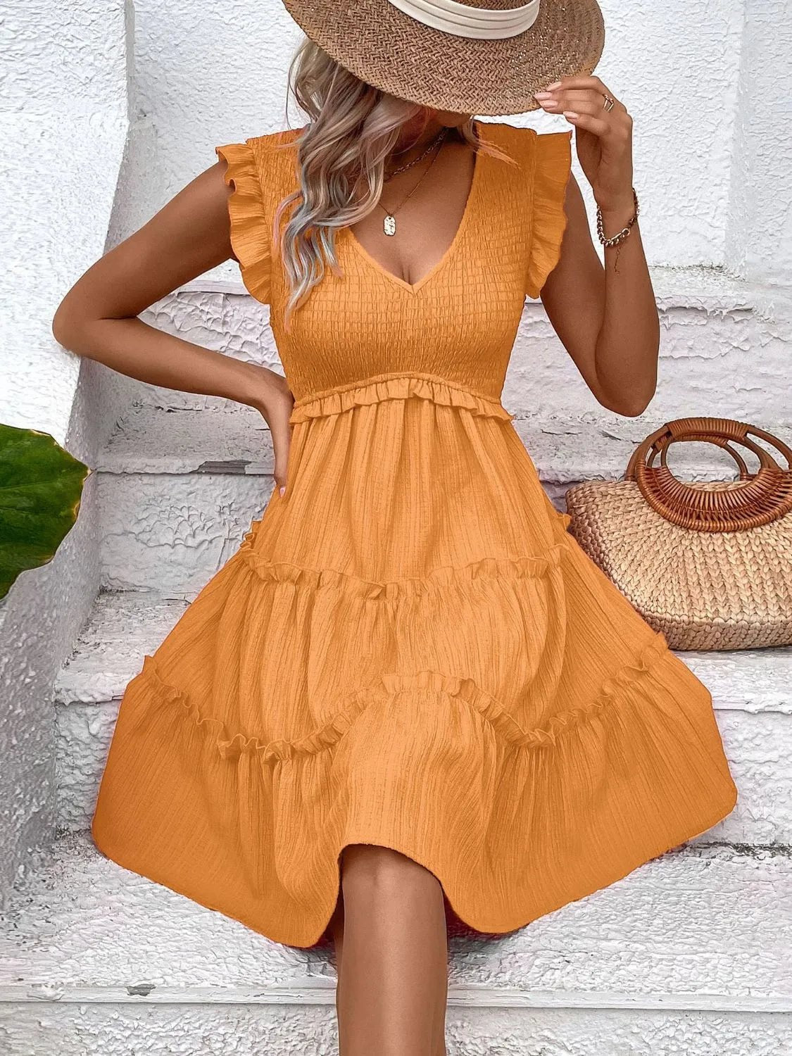 Ruffled V - Neck Cap Sleeve Dress