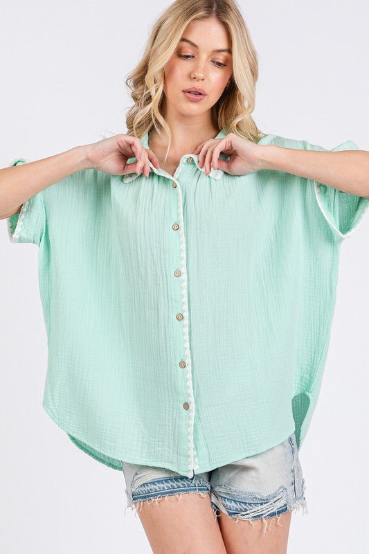 SAGE+FIG Boho Contrast Zigzag Trim Gauze Button - Up Shirt