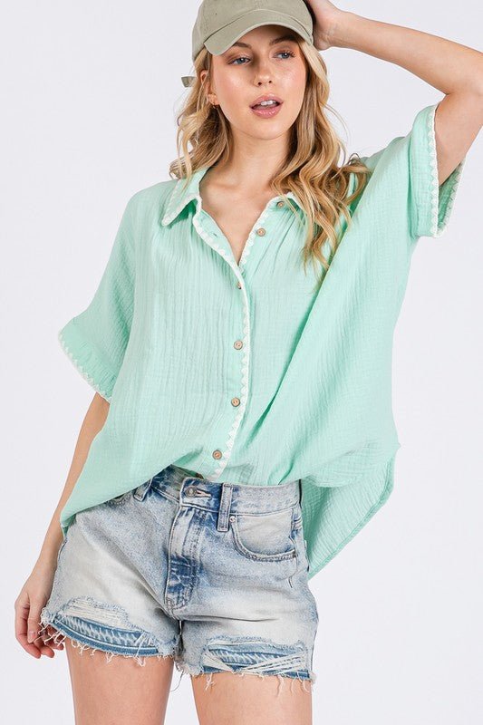 SAGE+FIG Boho Contrast Zigzag Trim Gauze Button - Up Shirt