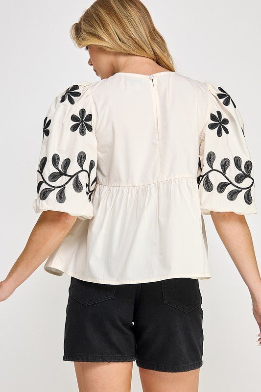 SAGE+FIG Puff - Sleeve Embroidered Peplum BlouseBlouse