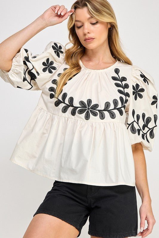 SAGE+FIG Puff - Sleeve Embroidered Peplum BlouseBlouse