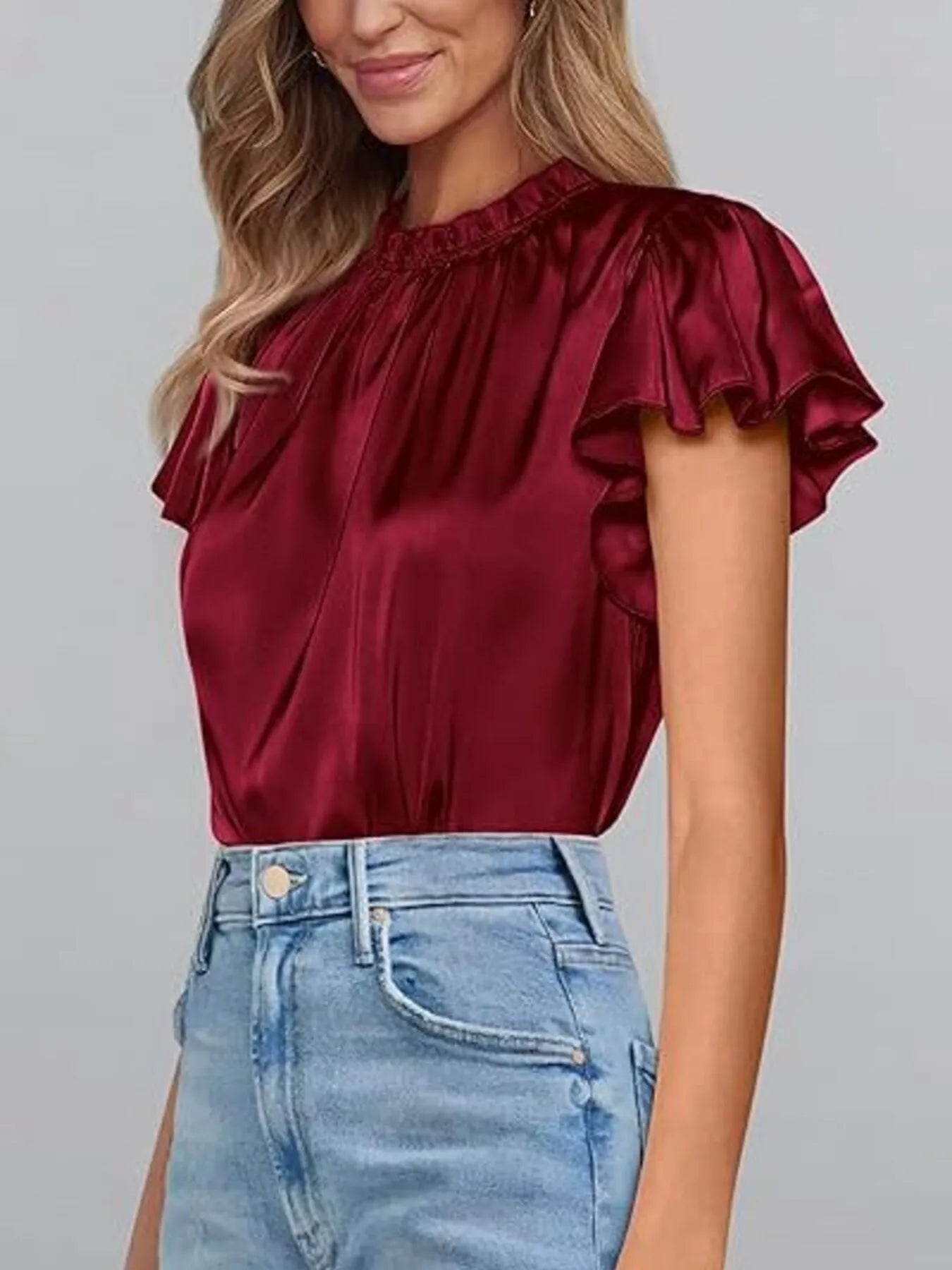 Satin Flutter Sleeve Blouse
