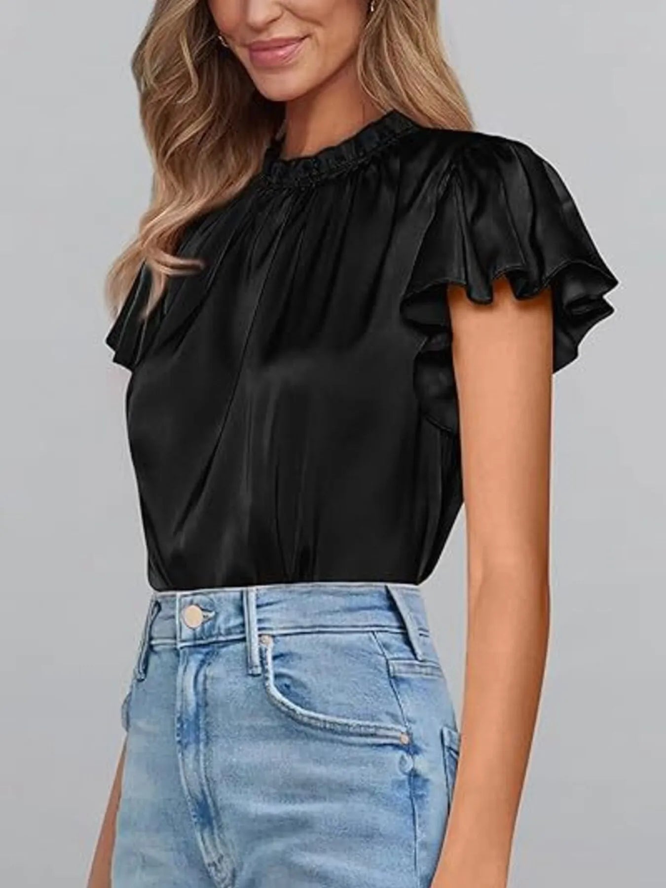 Satin Flutter Sleeve Blouse