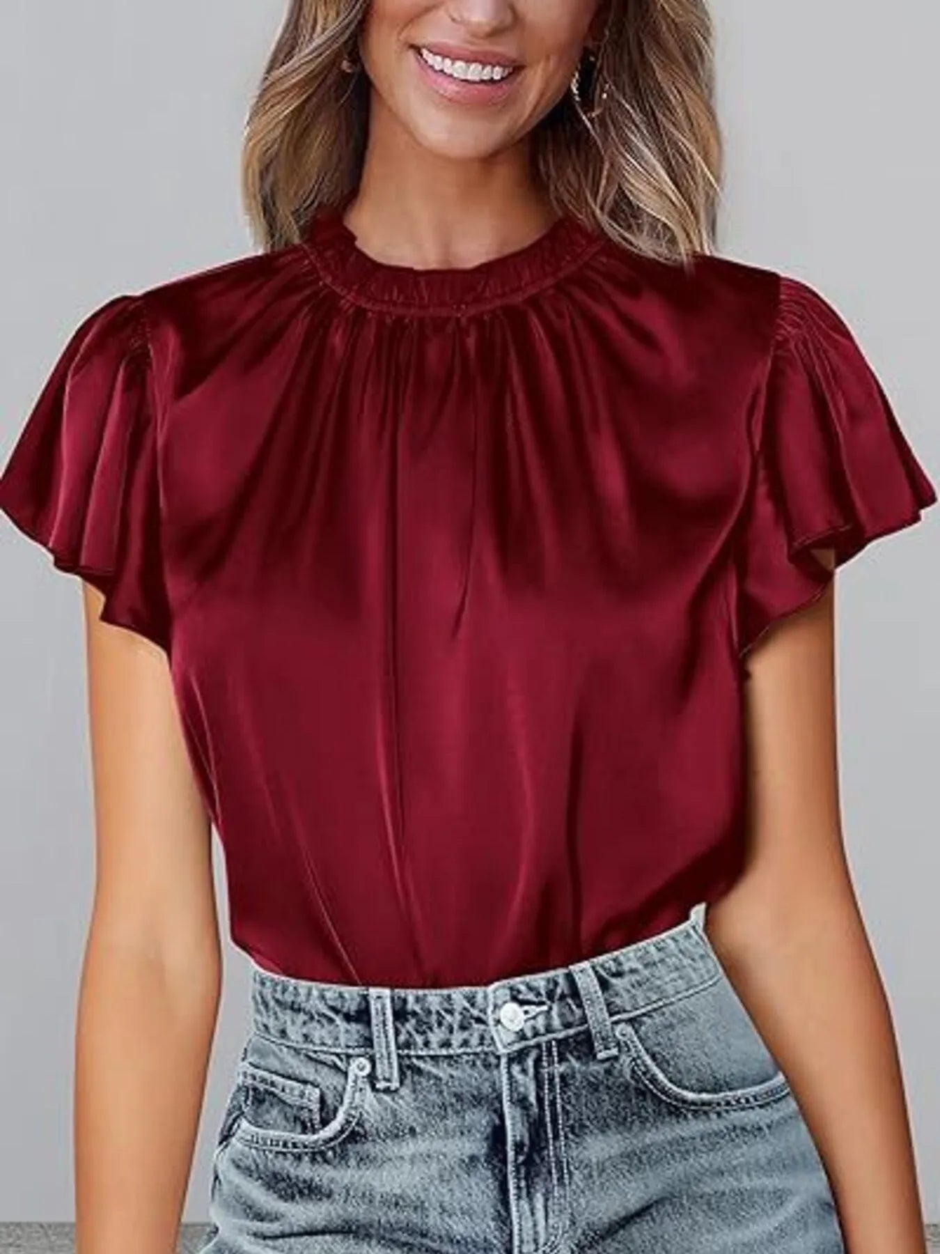 Satin Flutter Sleeve Blouse