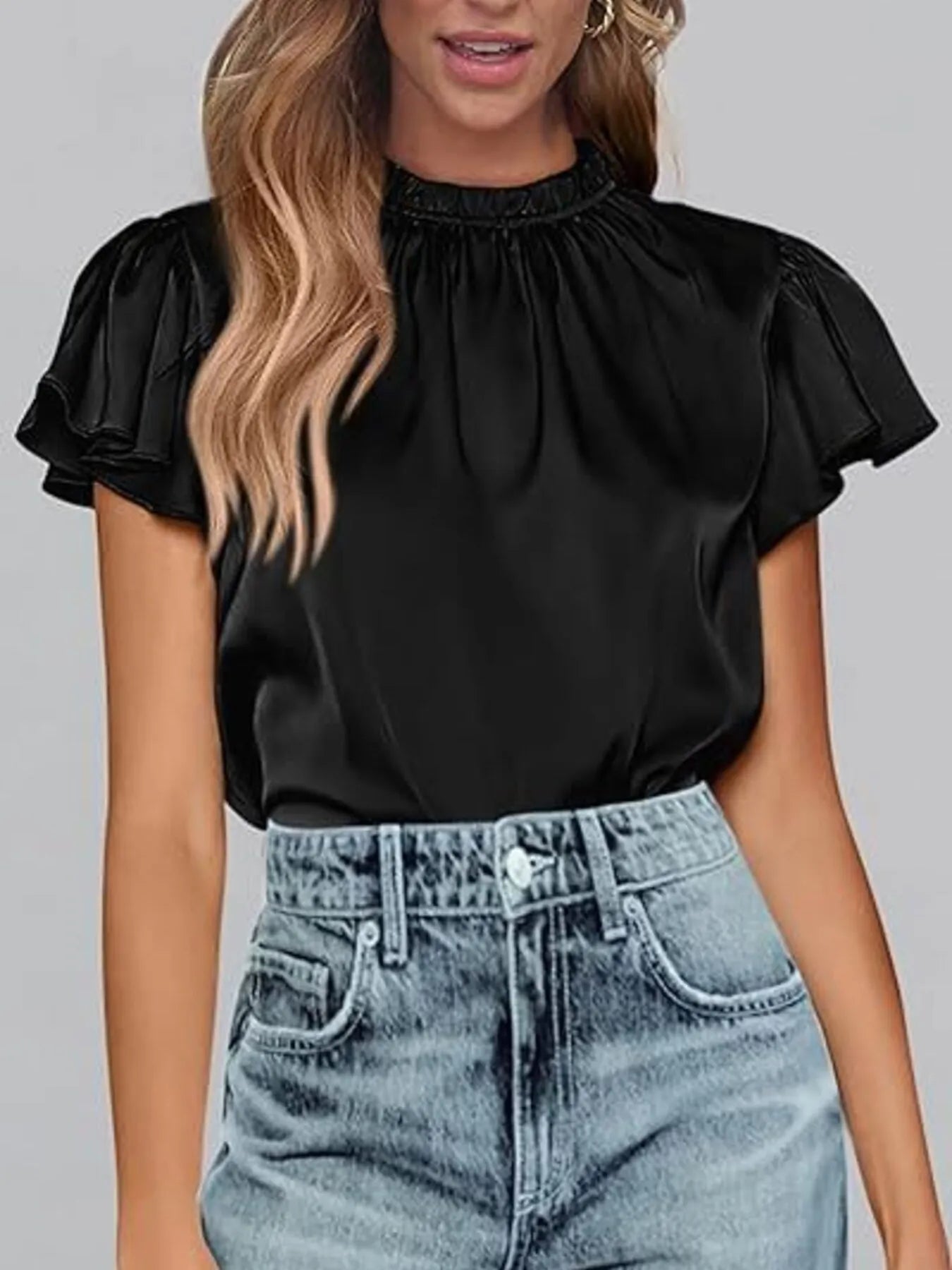 Satin Flutter Sleeve Blouse