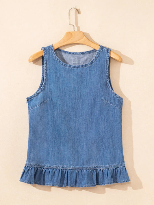 Sleeveless Ruffle Hem Denim Tank TopTop