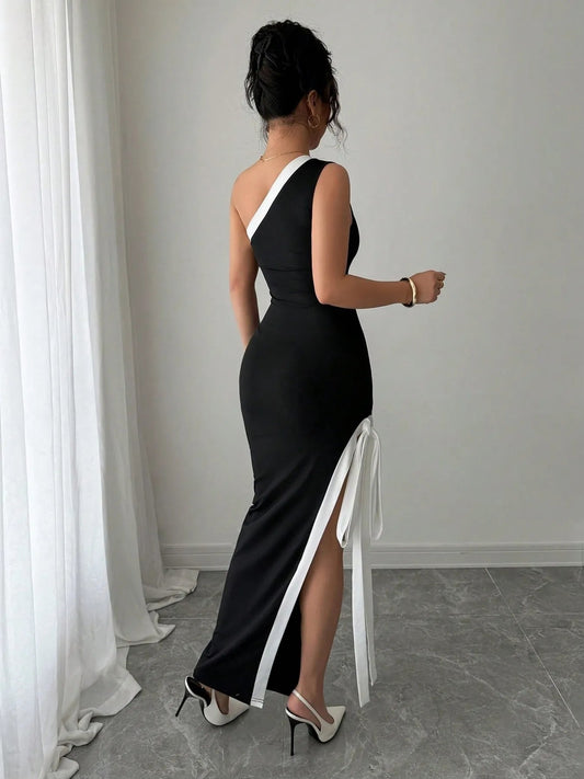 Slit Contrast Trim One - Shoulder Dress