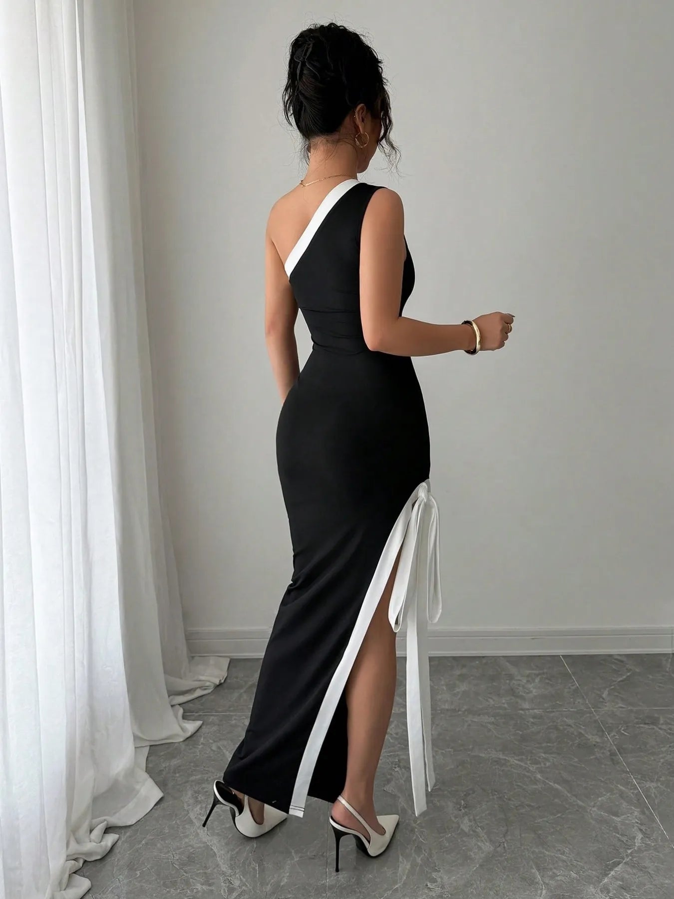 Slit Contrast Trim One - Shoulder Dress