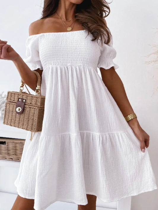 Smocked Off - Shoulder Mini Dress