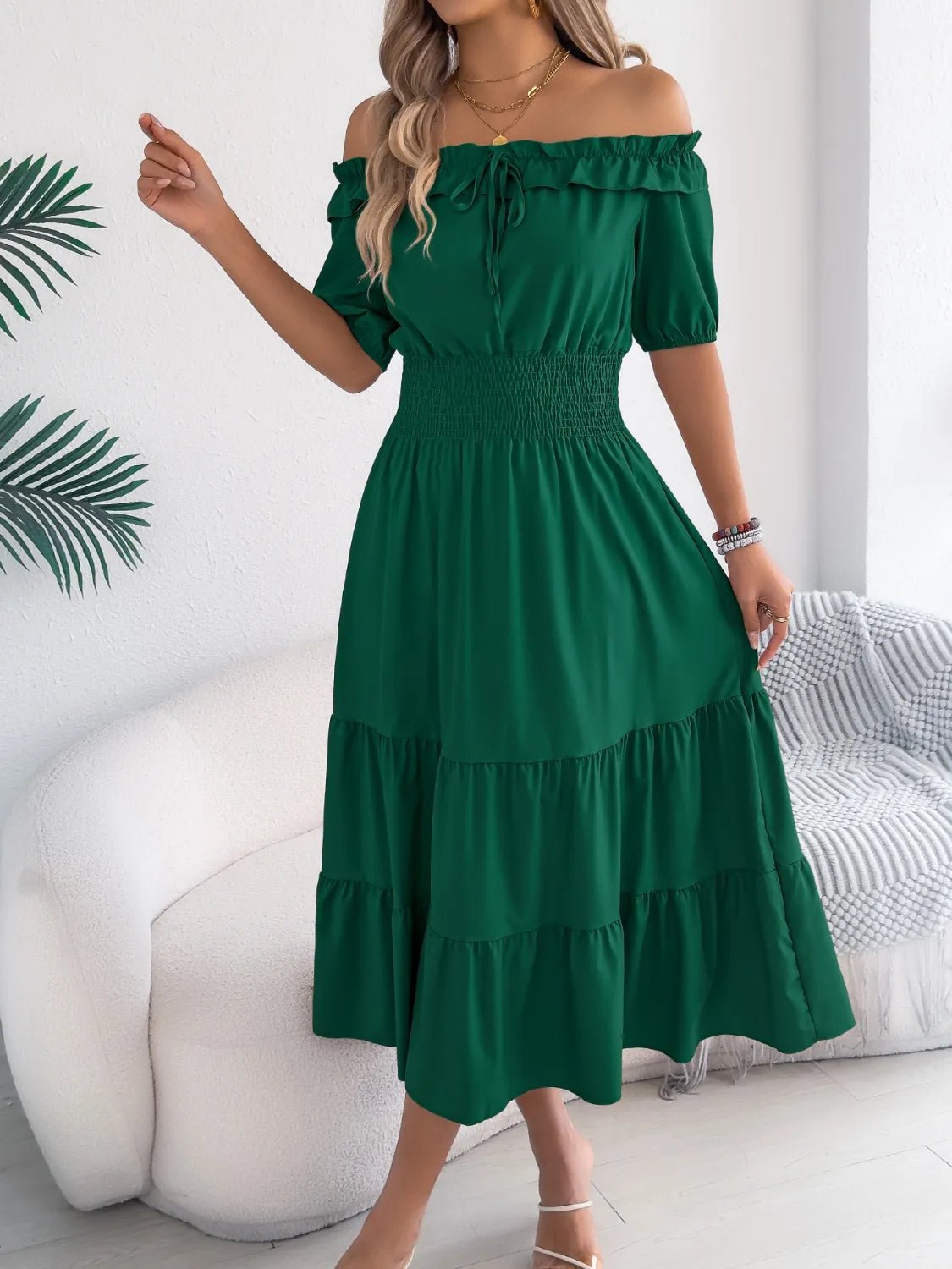 Smocked Off - Shoulder Tiered Dress