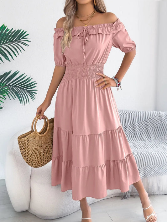 Smocked Off - Shoulder Tiered Dress